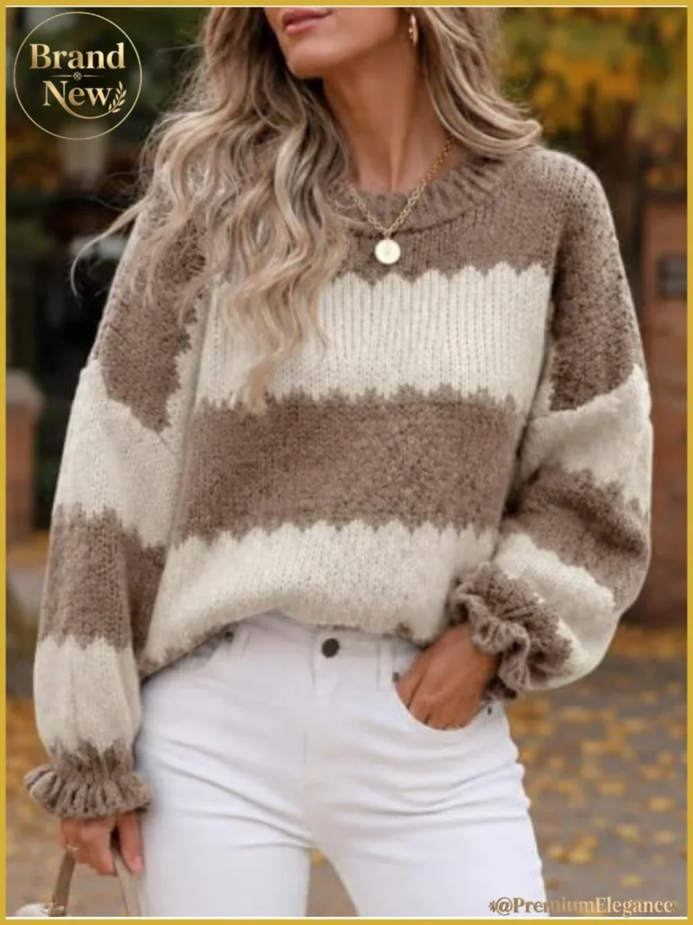 Striped Color Block Ruffle Puff Sleeve Pullover Sweater Fall Winter